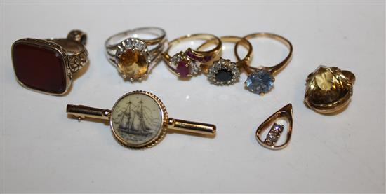 Scrimshaw brooch, seal fob & dress rings etc